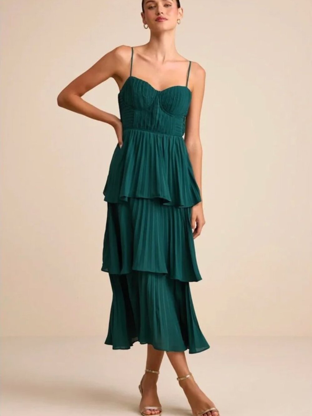 Lulus Cascading Crush Emerald Green Tiered Bustier Midi Dress